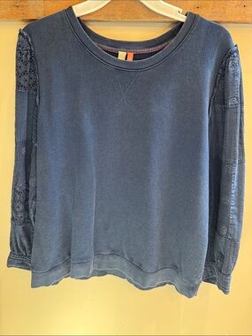 Pilcro Women's Blue Crewneck Sweater with Lace-Inset Sleeves
